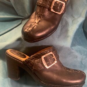 Frye Black Leather Mules with Chunky Heel